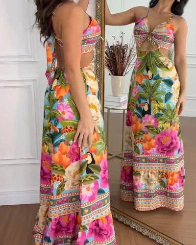 2025 Summer Flower Print Open Back Sexy Sling Maxi Dress