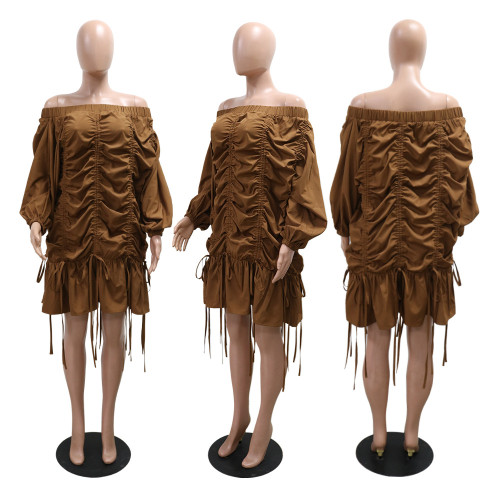 Spring 2025 sexy off shoulder drawstring boho dress