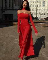 2025 Spring Women Solid Color Long Sleeve Cut Out Maxi Dress