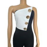 2025 Spring Women Elegant Black and White Contrast Color Bandeau Jumpsuit