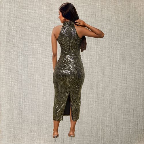 Spring 2025 Gold Sequin Halter Midi Dress