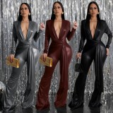 2025 Spring Women Elegant Solid Color Long-Sleeve Deep-v Neck Metallic Jumpsuit