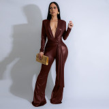 2025 Spring Women Elegant Solid Color Long-Sleeve Deep-v Neck Metallic Jumpsuit