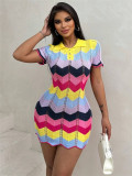 Spring 2025 Women Casual Multi-color Wavy Print Short Sleeves Knitting Shirt Dress