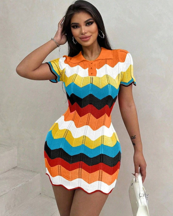 Spring 2025 Women Casual Multi-color Wavy Print Short Sleeves Knitting Shirt Dress