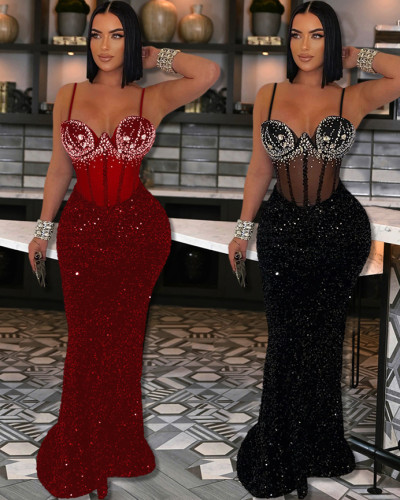 Party Sexy Beaded Strap Long Evening Dress