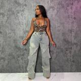 Street detachable concealed button design irregular jeans high waist straight trousers