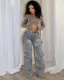 Street detachable concealed button design irregular jeans high waist straight trousers