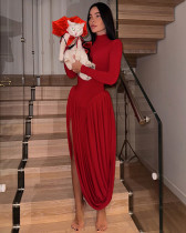 Spring Solid color high collar long sleeve slim fit slit pleated long dress