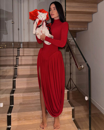Spring Solid color high collar long sleeve slim fit slit pleated long dress