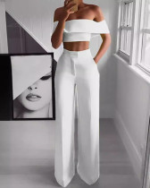 Women's suit solid color off shoulder top + high waist pants set