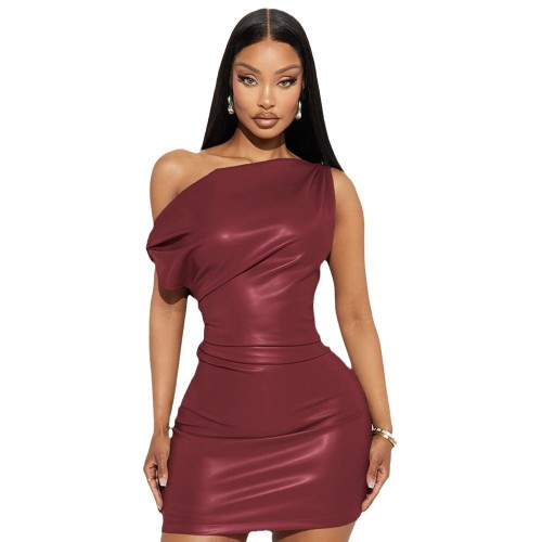 Women's Sexy Nightclub Mini Slash-shoulder Leather Dress