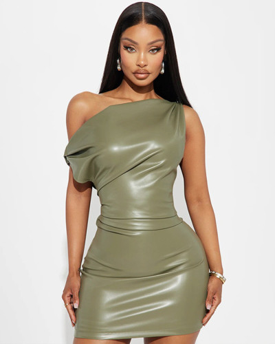 Women's Sexy Nightclub Mini Slash-shoulder Leather Dress