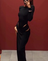 Sexy women's long sleeve black hollow out solid color dress