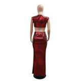Sexy women's solid color metallic sleeveless short top with long skirt