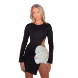 Women's sexy side hollowed-out slim-fit round neck flower decoration long-sleeved dress
