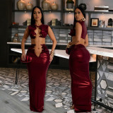Sexy women's solid color metallic sleeveless short top with long skirt