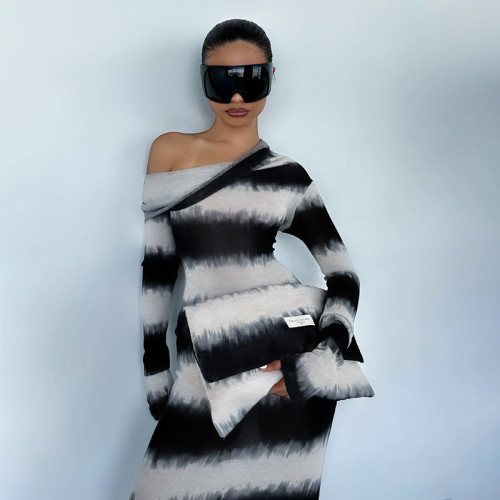 Sexy women's black and white stripes asymmetrical oblique shoulder long sleeves dress 