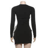 Women's sexy side hollowed-out slim-fit round neck flower decoration long-sleeved dress