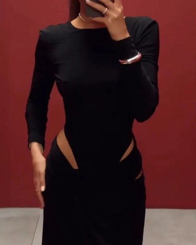 Sexy women's long sleeve black hollow out solid color dress