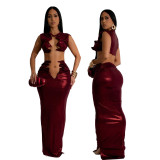 Sexy women's solid color metallic sleeveless short top with long skirt