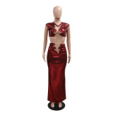 Sexy women's solid color metallic sleeveless short top with long skirt