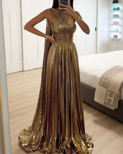 2025 Women Gold One Shoulder Pleated Long Evening Dress