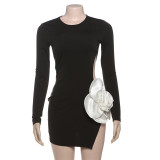 Women's sexy side hollowed-out slim-fit round neck flower decoration long-sleeved dress