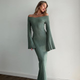 2025 Spring Simple Temperament Trumpet Sleeve Solid Color Off-shoulder Tight Knitting Dress