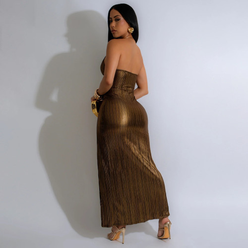 Women's Sexy Deep V Neck High Slit Sleeveless Party Metallic Dress