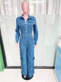 Women's Loose Elastic Washed Long Sleeve Cargo Denim Jumpsuit
