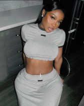Women's grey round neck short sleeve crop top long skirt set wholesale