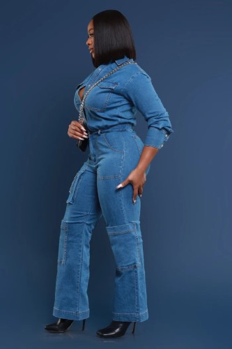 Women's Loose Elastic Washed Long Sleeve Cargo Denim Jumpsuit