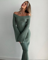 2025 Spring Simple Temperament Trumpet Sleeve Solid Color Off-shoulder Tight Knitting Dress