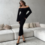2025 Spring Simple Temperament Trumpet Sleeve Solid Color Off-shoulder Tight Knitting Dress