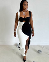 Women's black and white color blocked sleeveless slit long dress