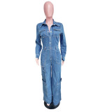 Women's Loose Elastic Washed Long Sleeve Cargo Denim Jumpsuit