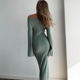 2025 Spring Simple Temperament Trumpet Sleeve Solid Color Off-shoulder Tight Knitting Dress
