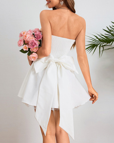Women's Bridemaid Strapless Bowknot A-Line White Cocktail Dress