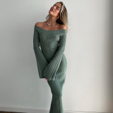 2025 Spring Simple Temperament Trumpet Sleeve Solid Color Off-shoulder Tight Knitting Dress