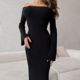 2025 Spring Simple Temperament Trumpet Sleeve Solid Color Off-shoulder Tight Knitting Dress