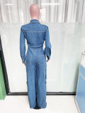 Women's Loose Elastic Washed Long Sleeve Cargo Denim Jumpsuit
