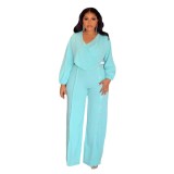 2025 Spring Simple Solid Color Lantern Sleeve Button Decoration Wide Leg Jumpsuit