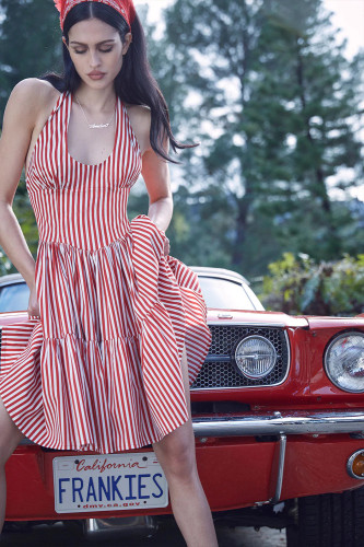 Women's Halter Neck Stripes Printing Sleeveless Backless A-Line Dress