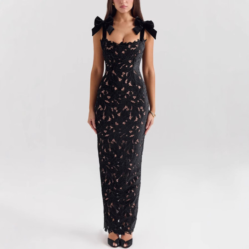 Women's lace bow holiday party dress