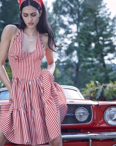 Women's Halter Neck Stripes Printing Sleeveless Backless A-Line Dress