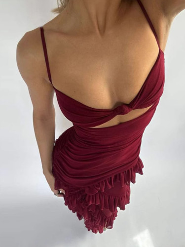 Sexy hollow out side slit backless mesh sling dress