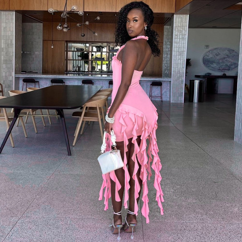 Sexy halterneck sleeveless fringe irregular dress