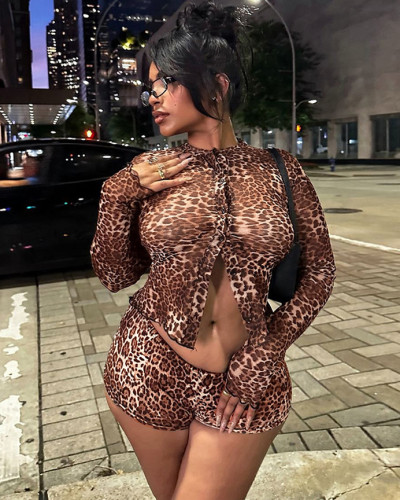 Women's sexy tight long sleeve leopard print two piece shorts set