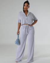 Women's solid color short-sleeved short top long casual wide-leg pants suit